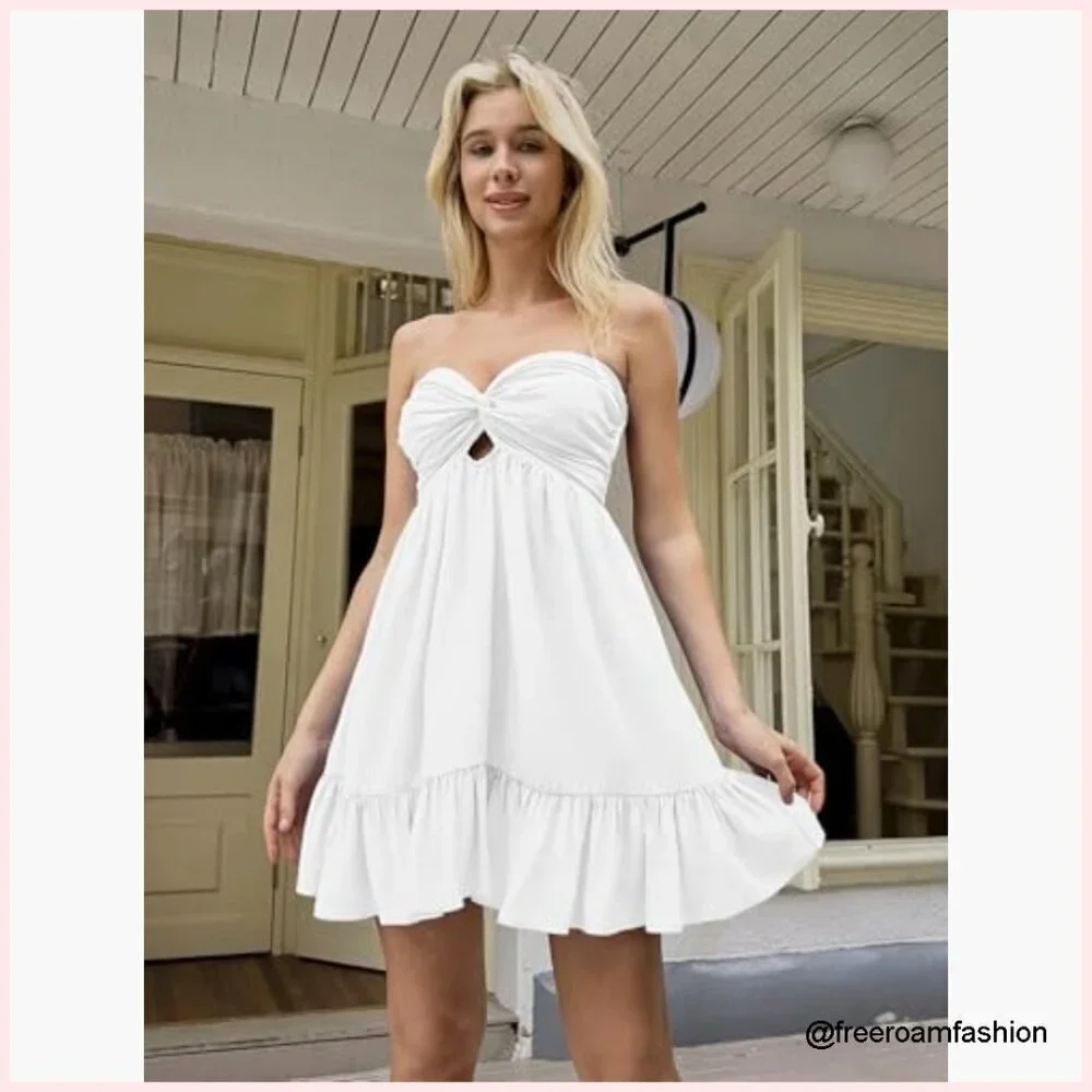 Strapless Mini Dress with Elastic Waist Twist Detail Flowy Summer